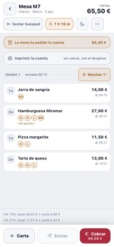 Comanda móvil real de una mesa con productos y rondas de demostración.