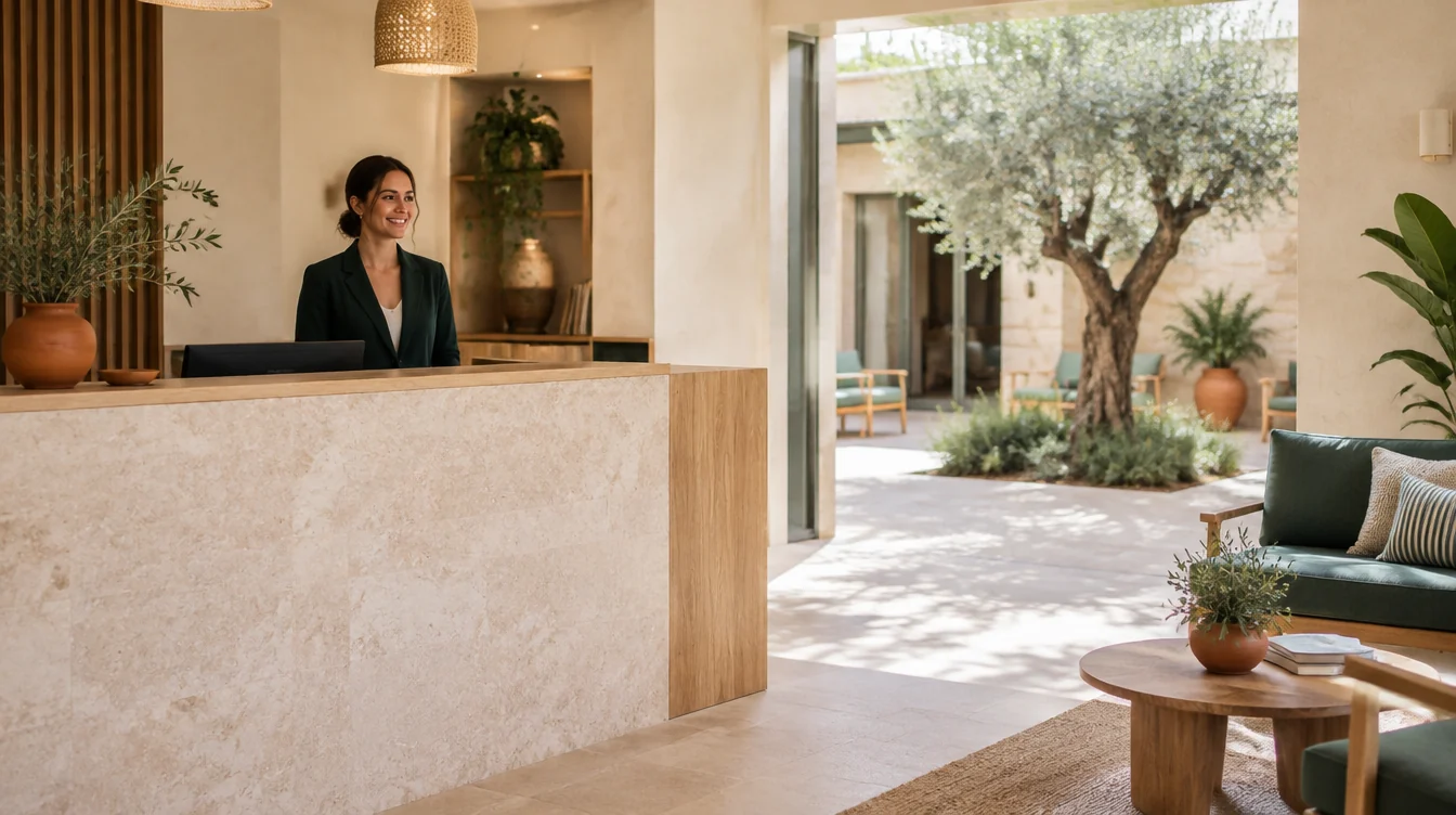 Recepción ficticia de hotel mediterráneo abierta a un patio.