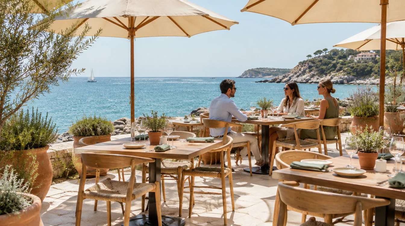 Terraza ficticia de restaurante junto al mar.